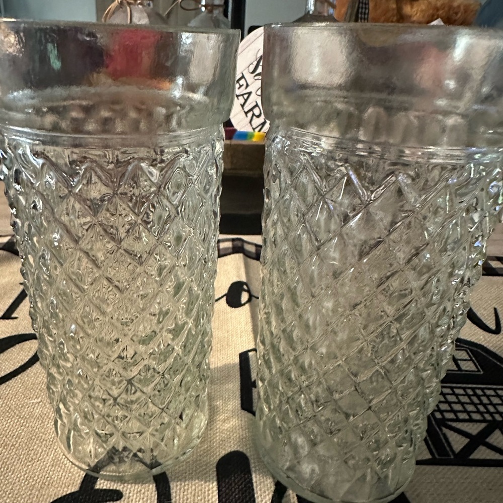 Set of 2 Vintage Pressed Glass Diamond Cut "Peanut Butter" Glasses